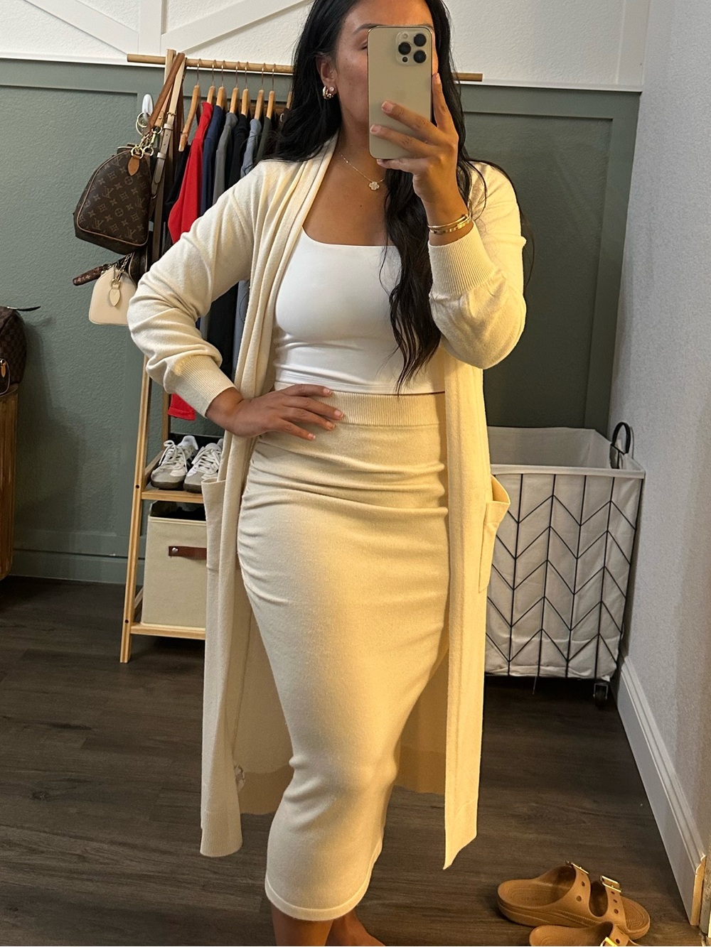 Express Cream Midi Knit Skirt with Matching Cardigan